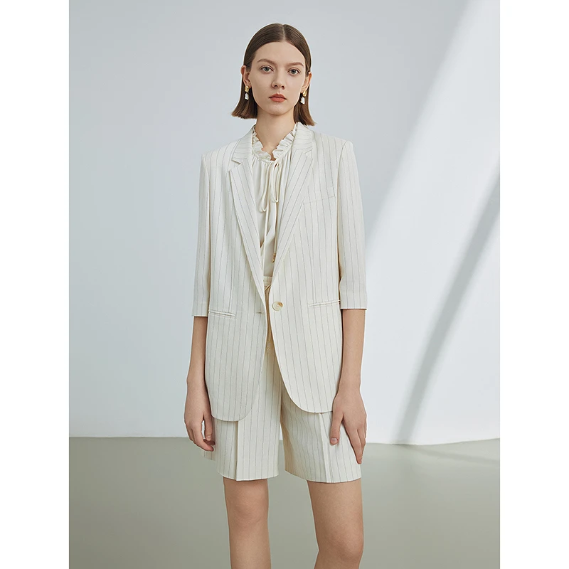 朗姿醋酸法式复古条纹气质高级感西服外套女2024夏新款设计感西装
