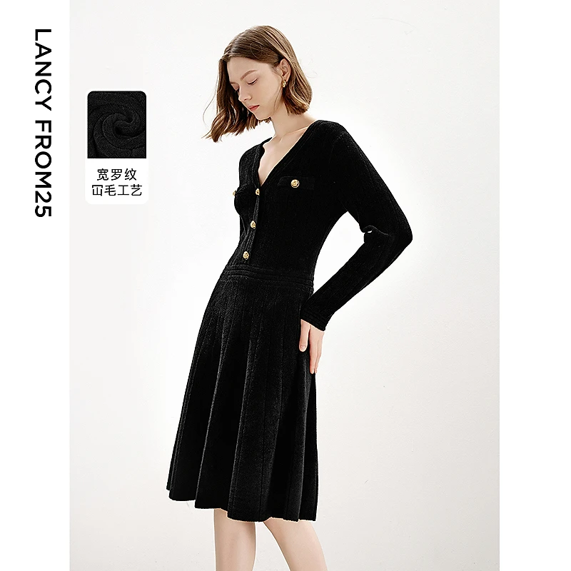 朗姿秋季独特高级感裙子2024年新款设计感气质法式收腰黑色连衣裙