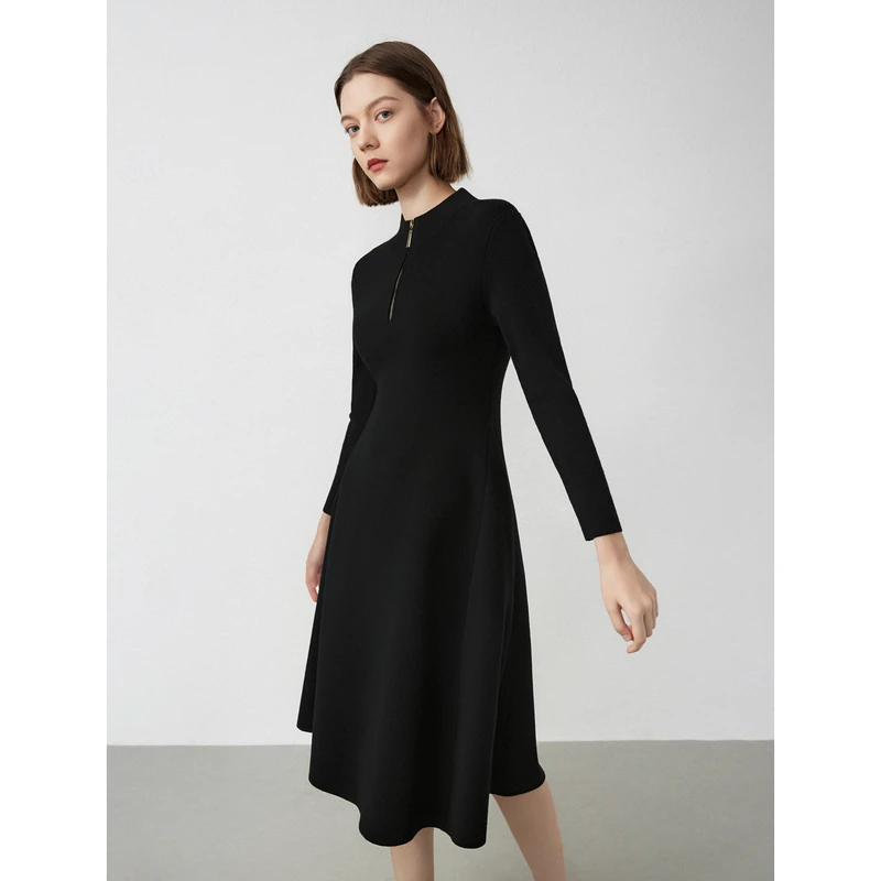 朗姿羊毛法式高级感气质长袖收腰显瘦裙子女2024年春季新款连衣裙