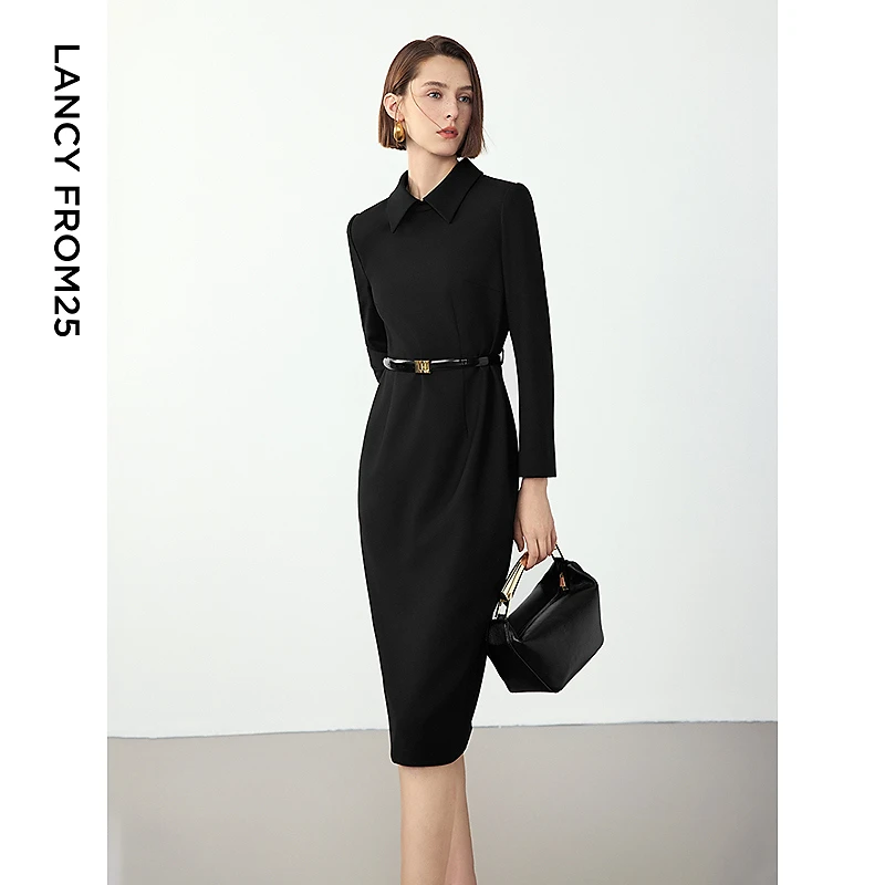 朗姿气质小黑裙新款设计感衬衫领收腰显瘦中长款连衣裙