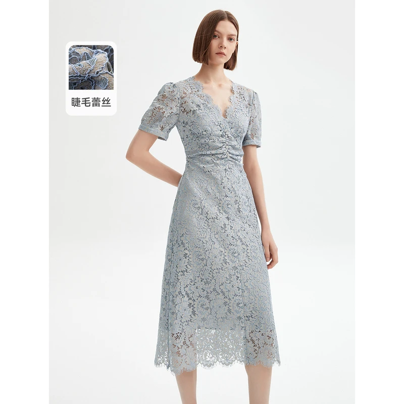 朗姿高级感法式复古蕾丝连衣裙夏季显瘦裙子新款气质长裙女欧若风