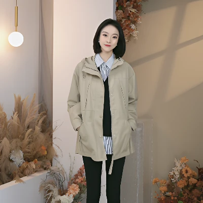 朗姿法式质感卡其色百搭风衣梭织大衣女冬季新款工装风洋气休闲装