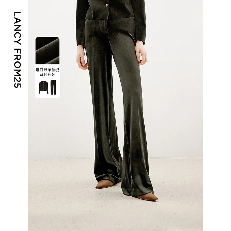 朗姿复古丝绒高腰直筒阔腿裤高级感显瘦气质西装裤新款欧若风