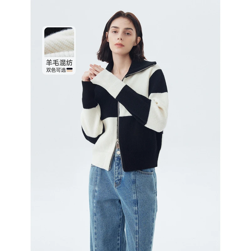 冬季新款毛针织衫撞色秋冬羊绒拼接翻领直筒通勤格子螺纹常规休闲