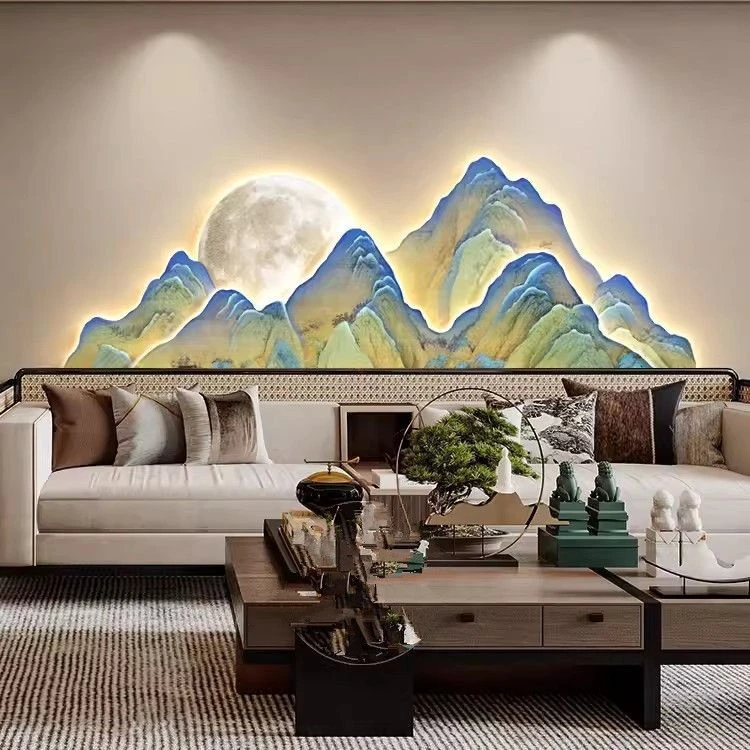 千里江山图画现代装饰画轻奢大气沙发背景墙面壁画新中式发光灯画