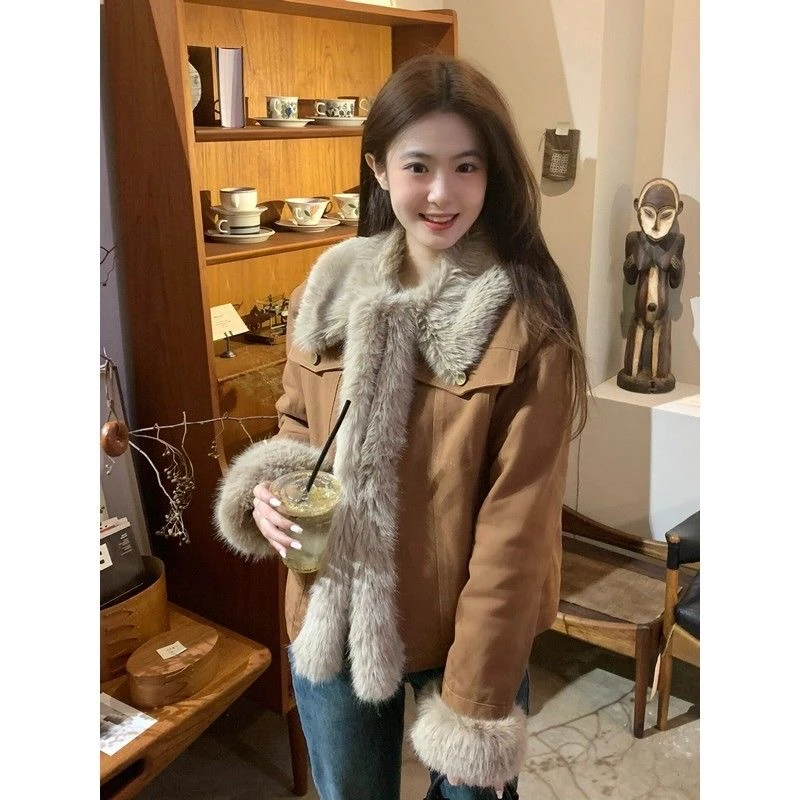 美式复古毛绒牛仔短款外套女2025冬设计感宽松百搭小个子棉服上衣