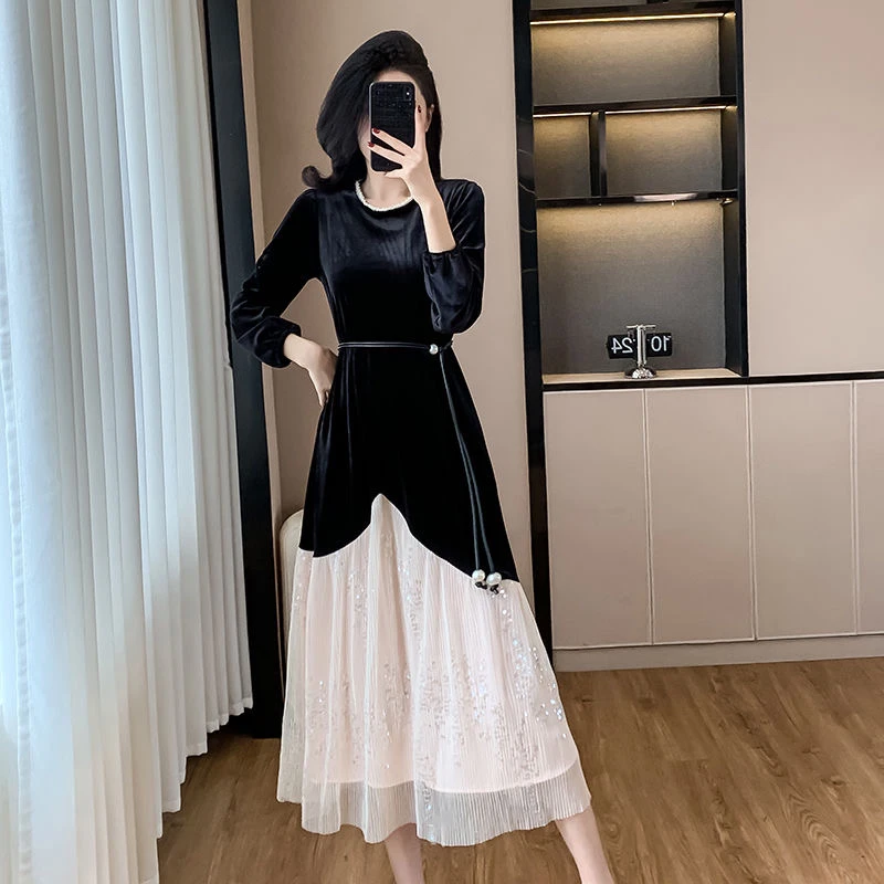 2025春法式设计感亮片连衣裙气质显瘦丝绒网纱长裙遮肚带腰带