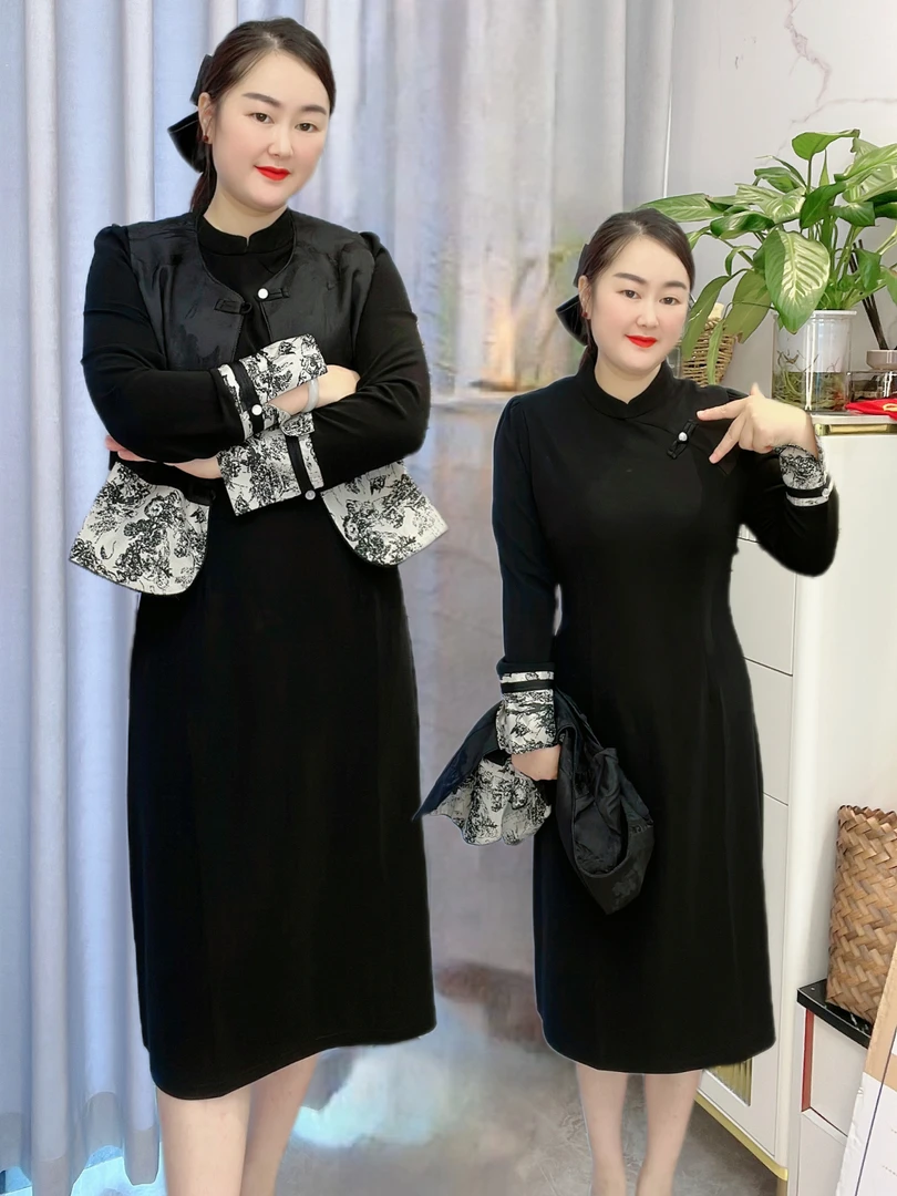 特！清库存！新中式盘扣提花马甲连衣裙套装女新款民族风套裙