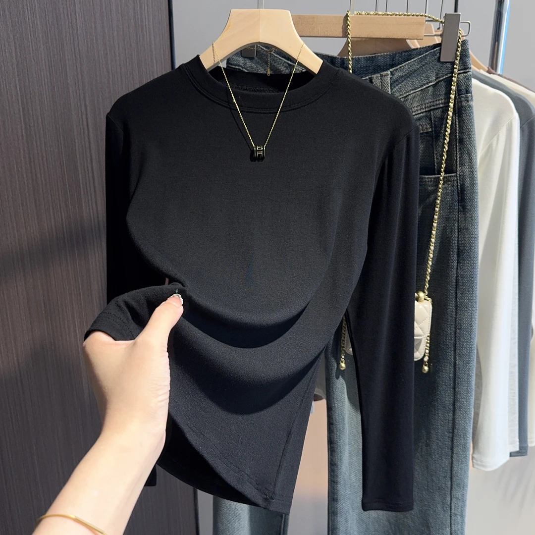 螺纹黑色小立领长袖打底衫女内搭修身T恤洋气减龄遮肚子藏肉上衣