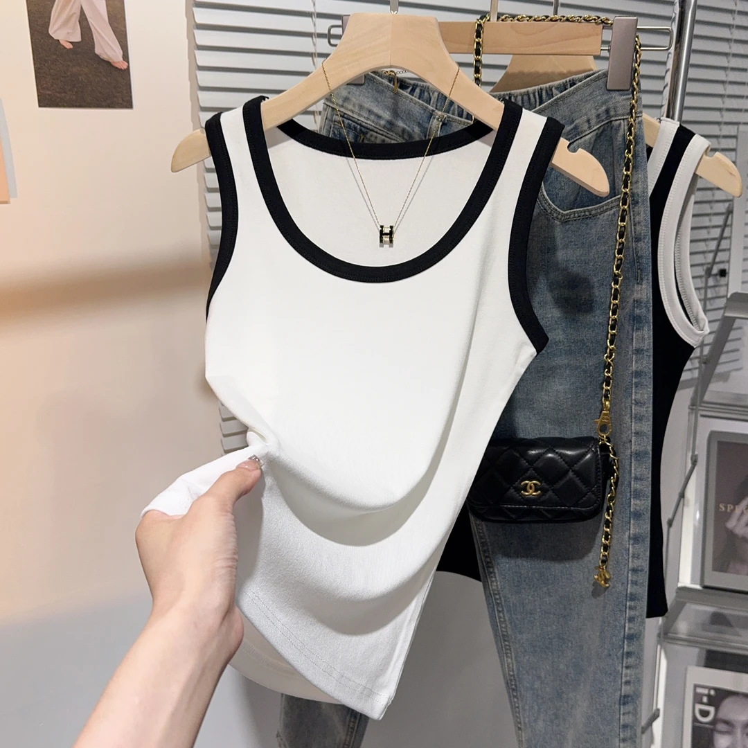 辣妹U领防走光吊带背心女夏撞色2025新款遮副乳内搭显瘦外穿上衣
