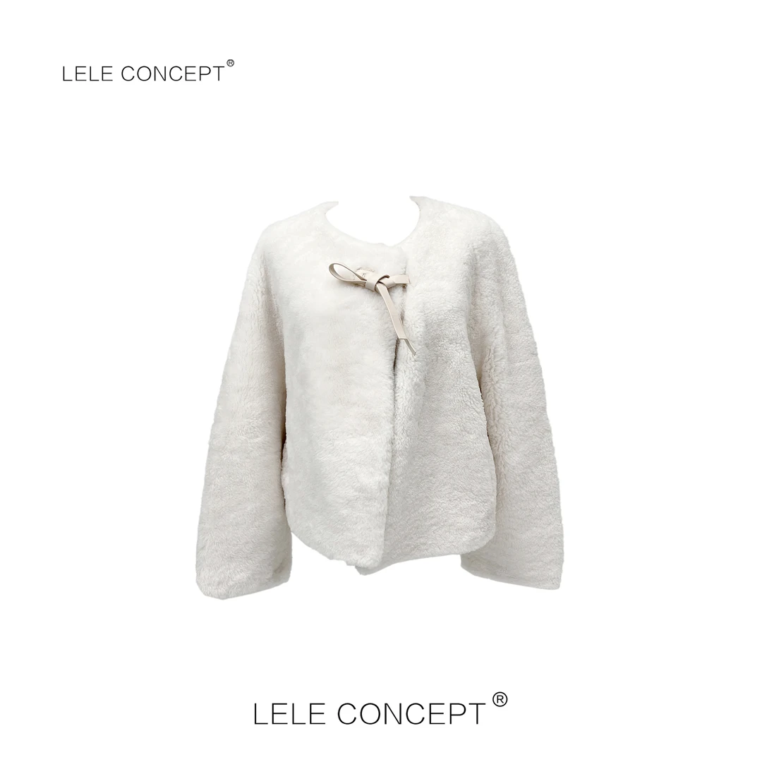 LELE CONCEPT丨新款轻奢气质短款飘带秃领皮毛一体外套Y0497