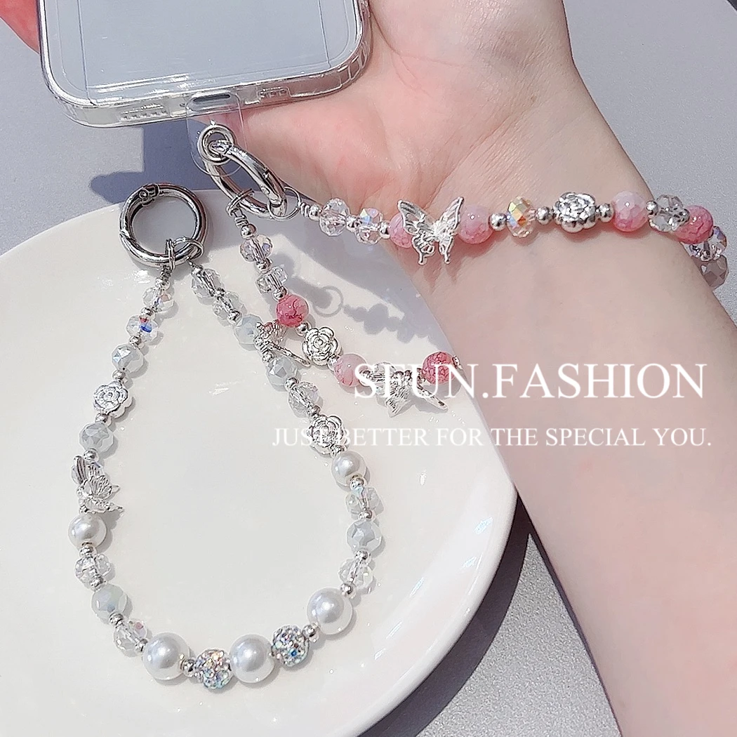 手机链女高端串珠饰短挂绳腕带小香风精致吊坠夹片立体蝴蝶珠链