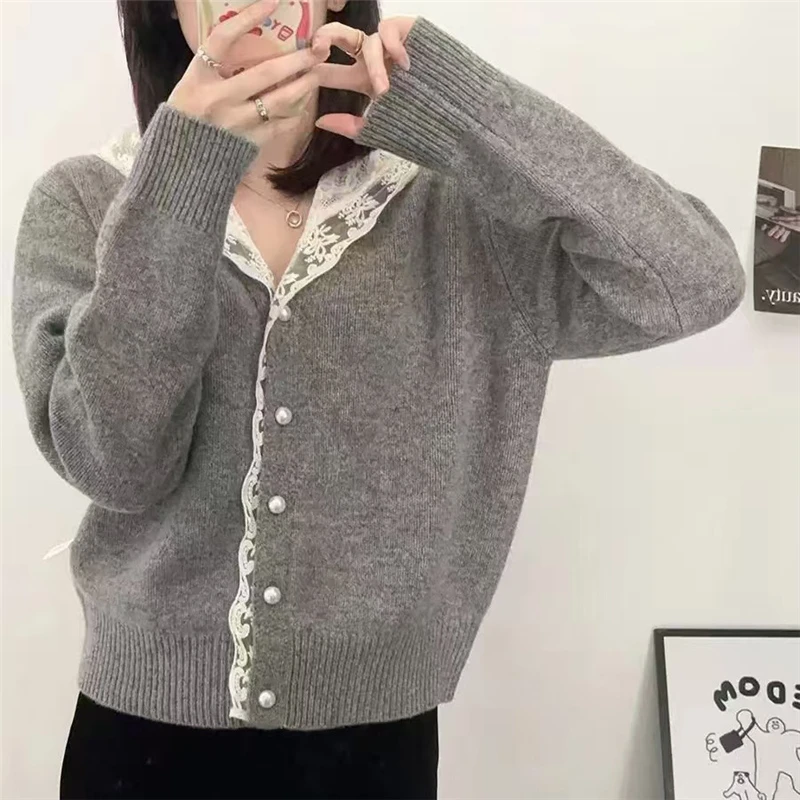 秋冬蕾丝连帽纯色针织开衫