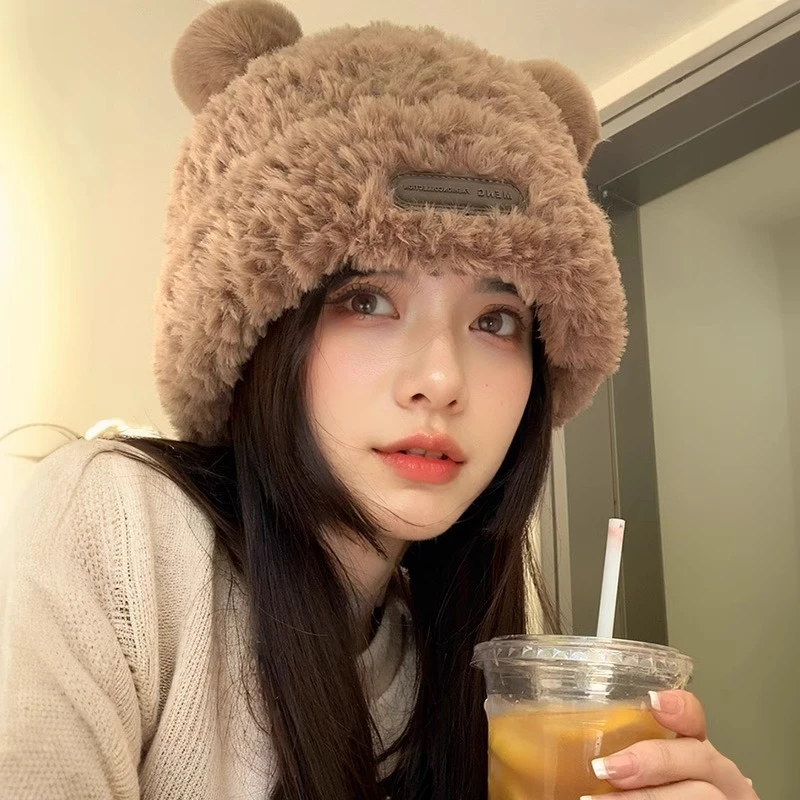 帽子冬季女款可爱小熊耳朵毛线帽冬天爆款毛绒保暖大头围针织帽子