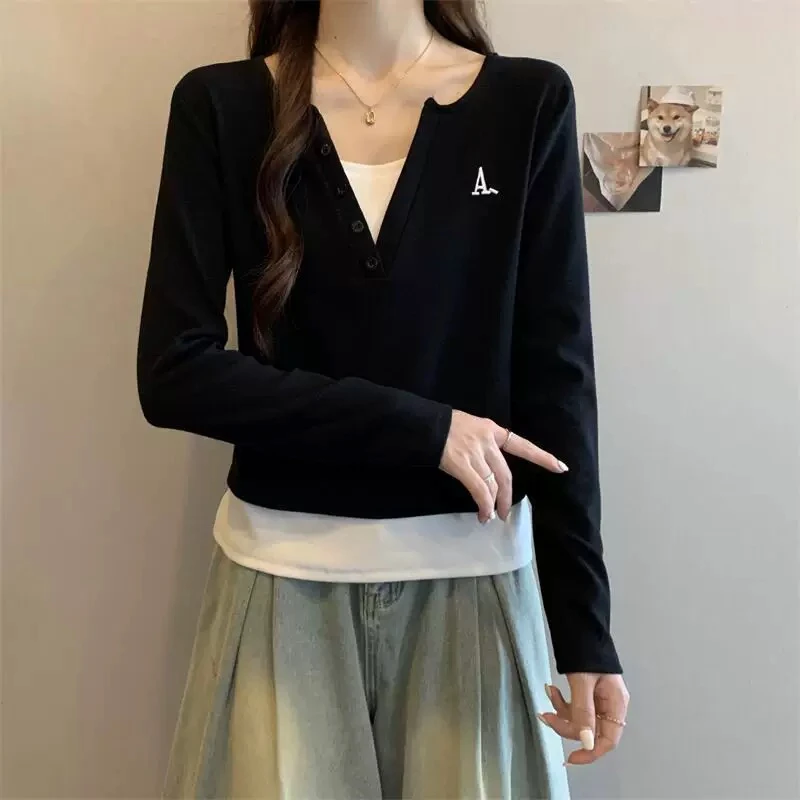 设计感假两件长袖正肩T恤秋季新款宽松显瘦打底衫超好看上衣