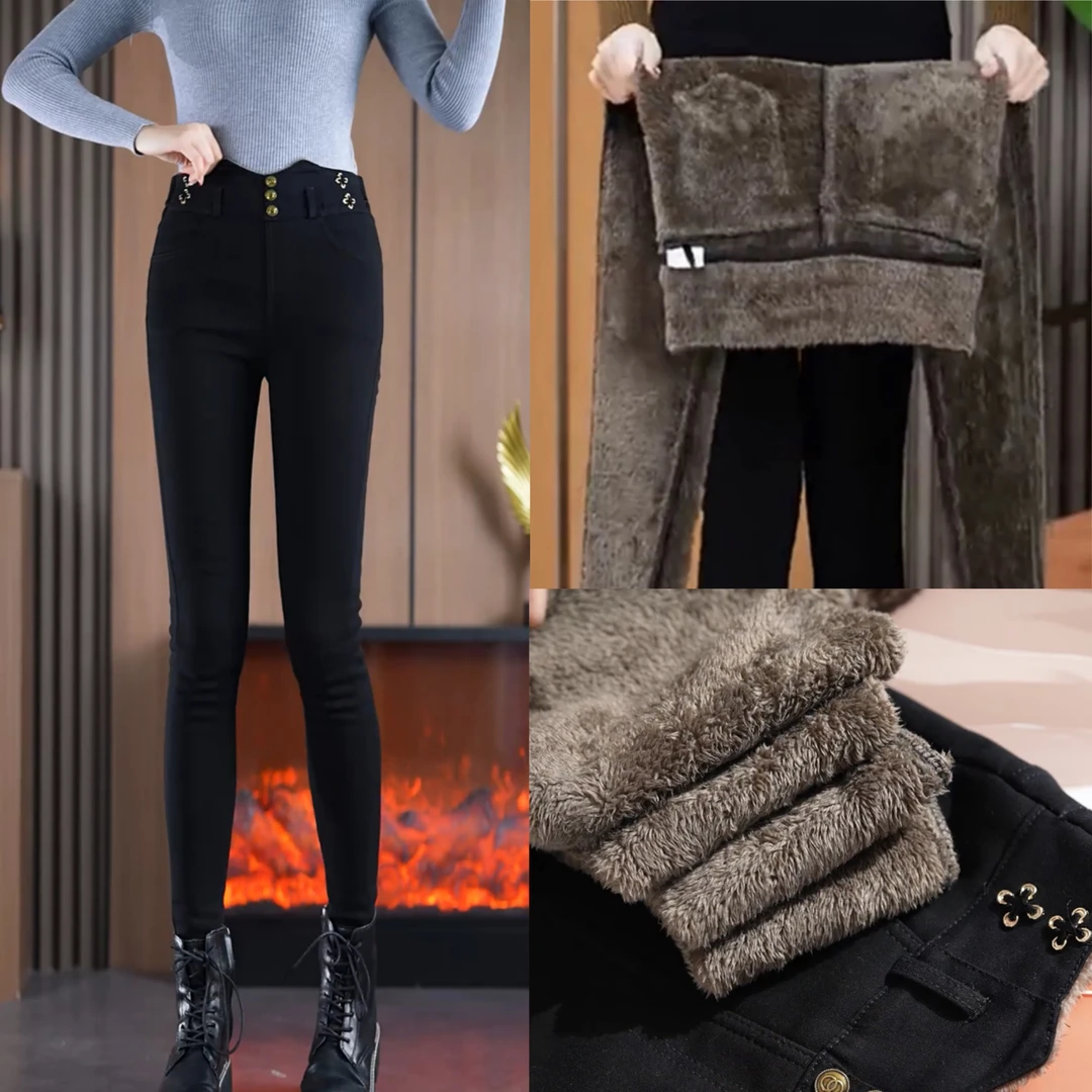 冬季加绒加厚显瘦保暖小黑裤秋冬高腰弹力小脚裤日常新中式时尚