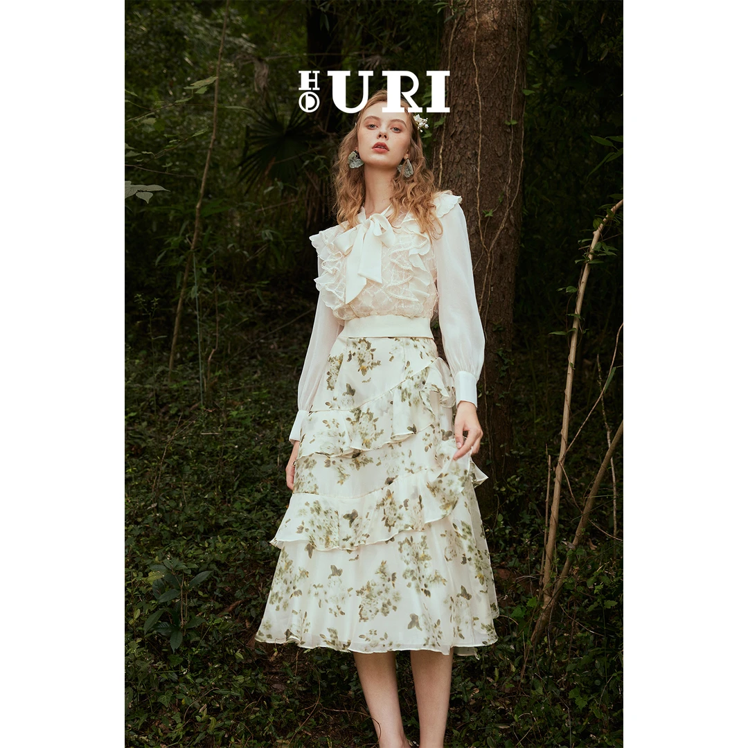 HOURI/海蕾琳法式绿色碎花半身裙春超先森系高级感别致惊艳裙