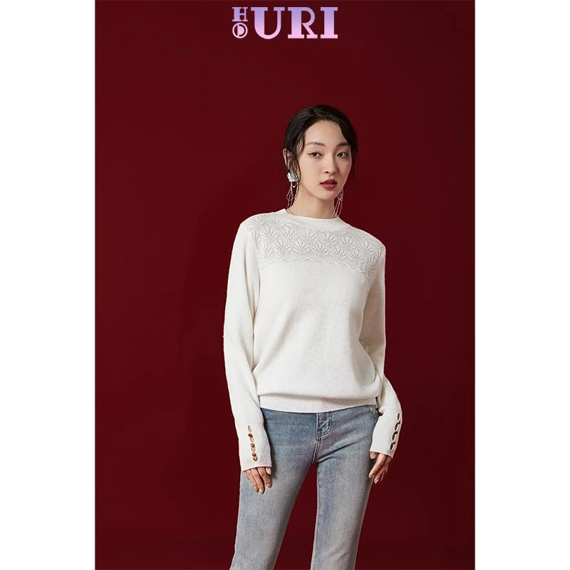 HOURI海蕾琳毛针织衫女年冬季新款圆领针织纯色薄款衫气质修身