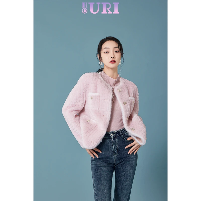 HOURI海蕾琳皮外套女冬季新款时尚通勤高级感圆领撞色上衣