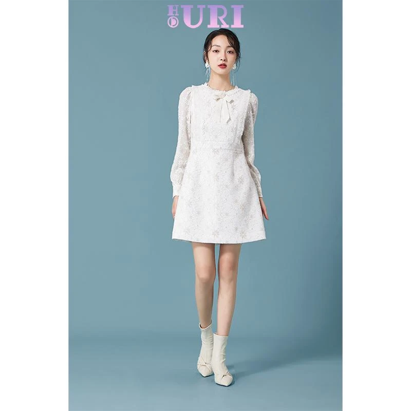 HOURI海蕾琳连衣裙女冬季新款圆领立体花朵蝴蝶结系带A字裙