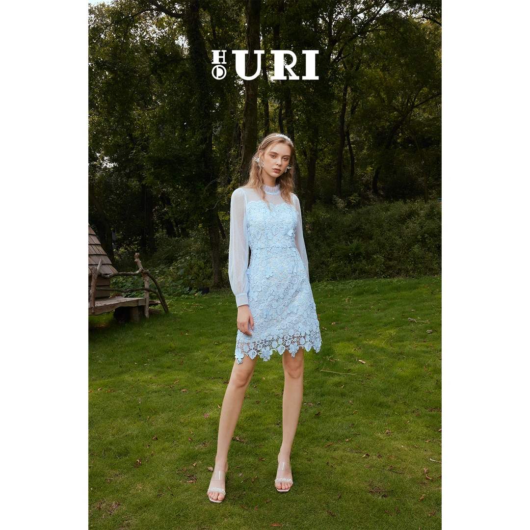 HOURI/海蕾琳精致复古感蕾丝连衣裙春季新款蓝色蕾丝裙子修身