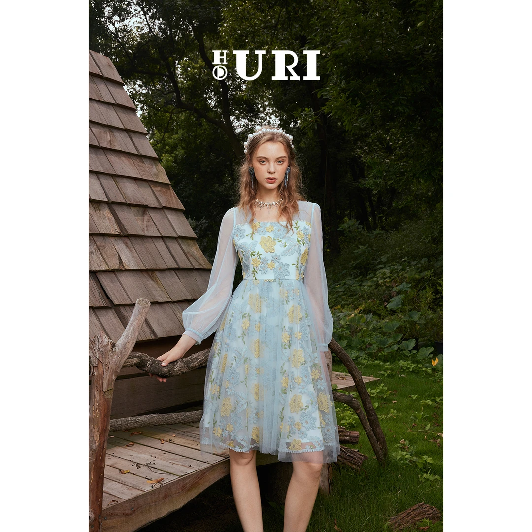 HOURI/海蕾琳蓝色长款高级气质温柔长袖修身仙女网纱连衣裙春新