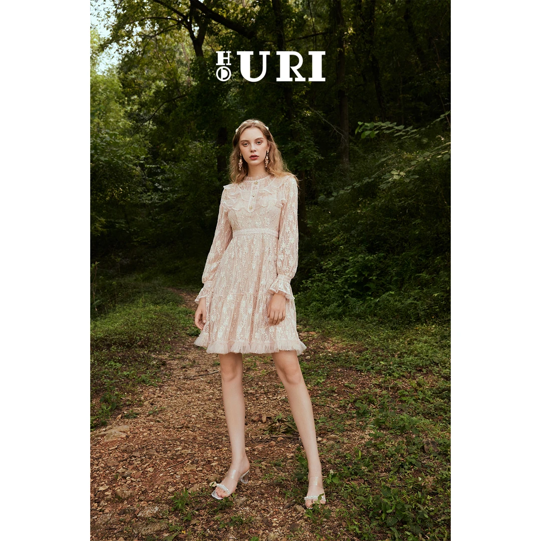 HOURI/海蕾琳春季新款法式复古蕾丝连衣裙女气质收腰显瘦长袖裙子