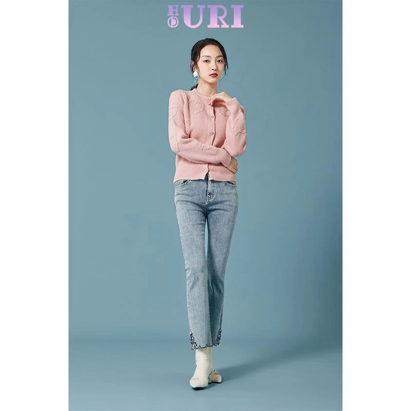 HOURI海蕾琳24冬季新款高腰牛仔裤女秋冬复古时尚气质钉钻微喇裤