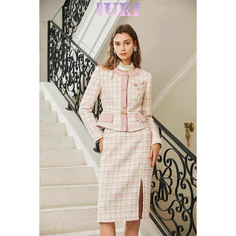 HOURI/海蕾琳法式腰带款小香风设计感开叉半身裙女秋季包臀裙子