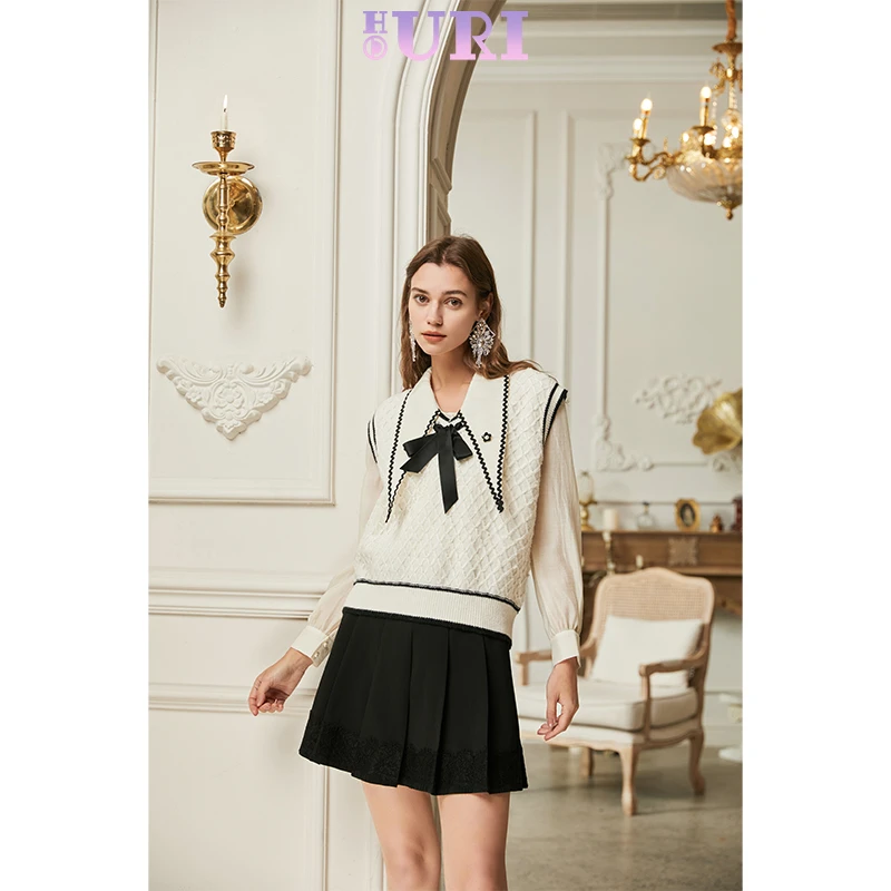HOURI/海蕾琳春季新款时尚设计感V领休闲宽松针织马甲蝴蝶结背心