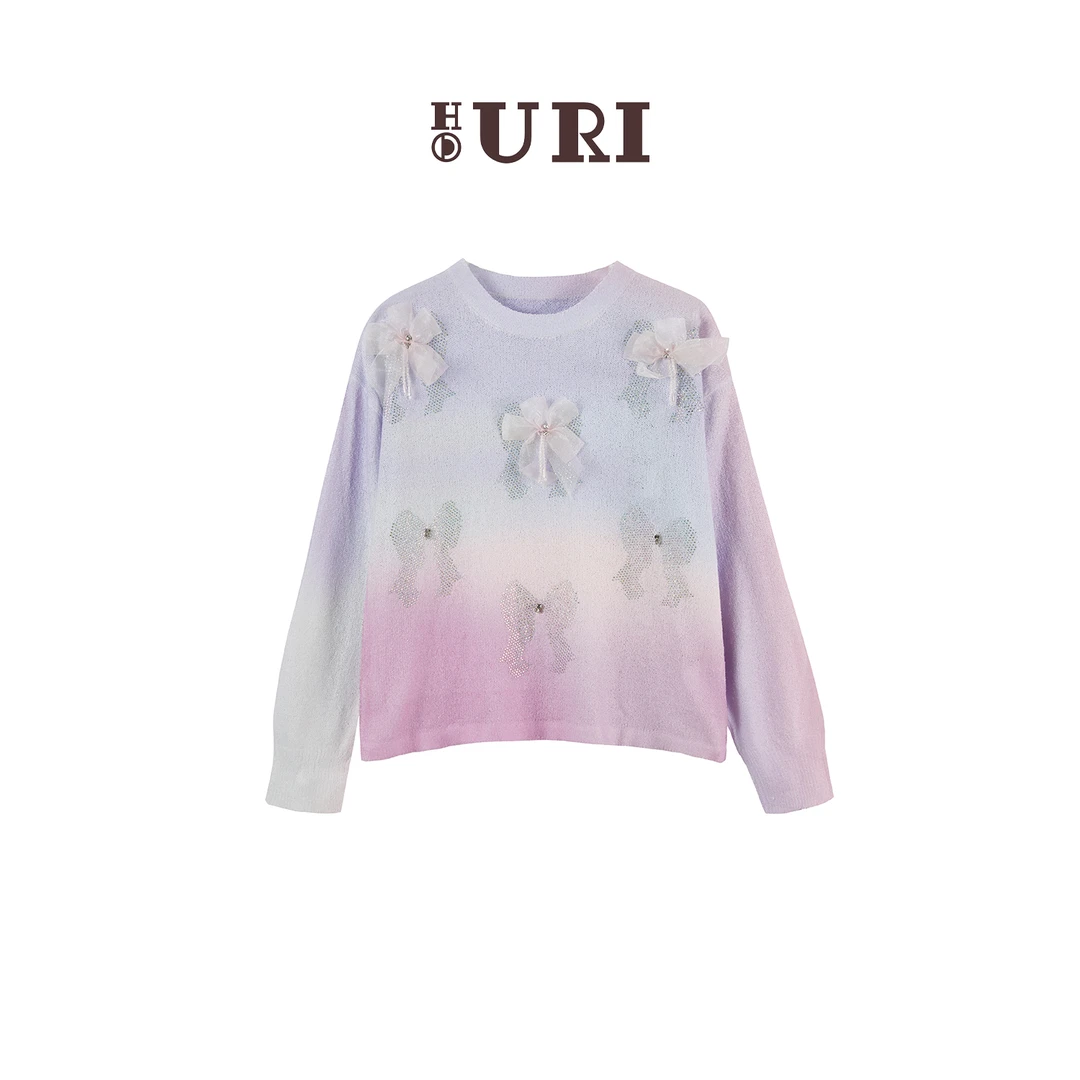 HOURI/海蕾琳春季新款水墨晕染圆领针织衫女宽松钉珠花朵毛衣