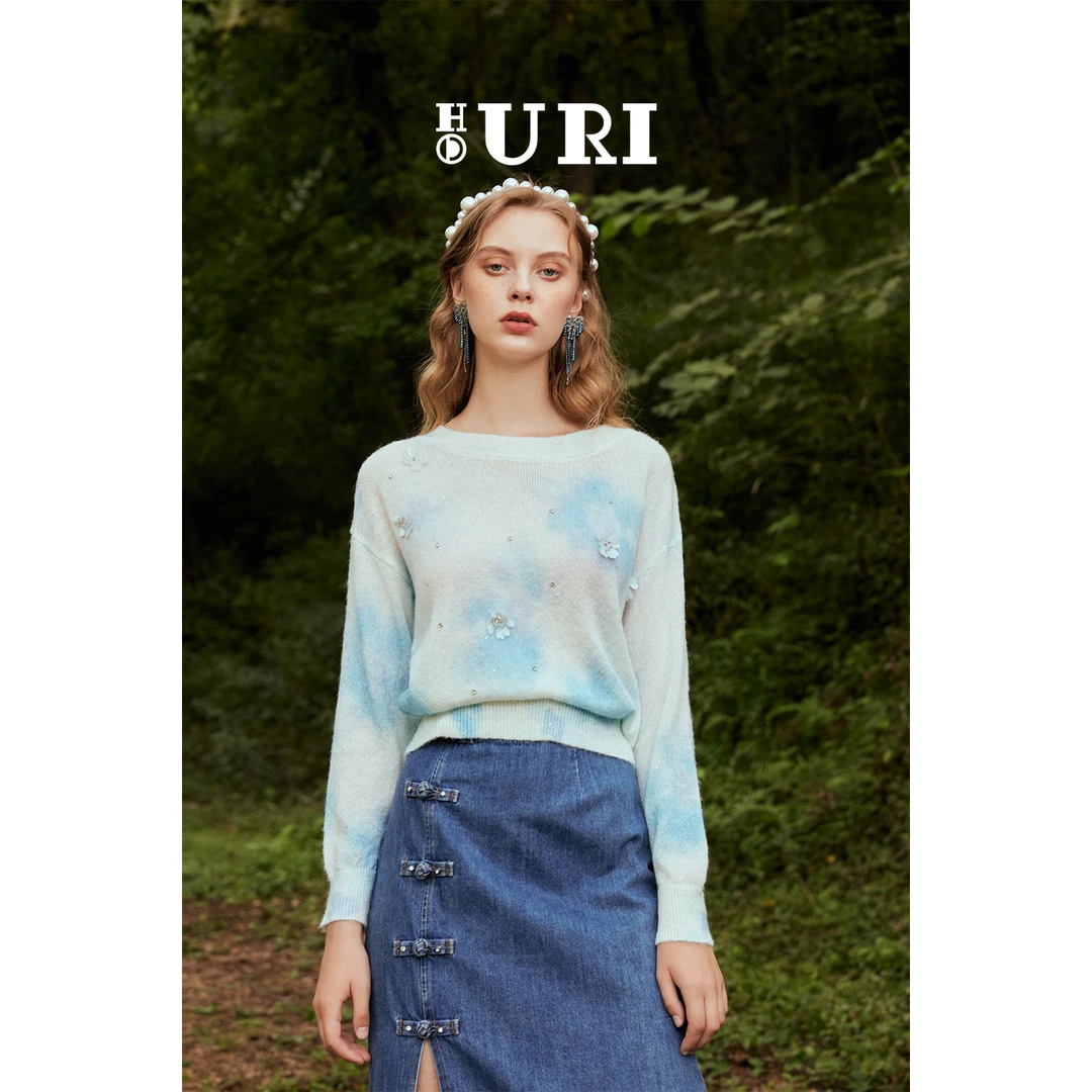 HOURI/海蕾琳春季新款水墨晕染羊毛针织衫女宽松时尚气质毛衣