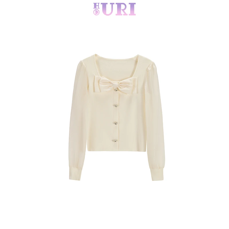 HOURI/海蕾琳法式白色蝴蝶结方领雪纺衫女秋季新款复古衬衫上衣