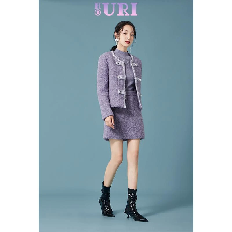 HOURI海蕾琳冬季新款紫色小香风半身裙绵羊毛气质修身显瘦a字裙