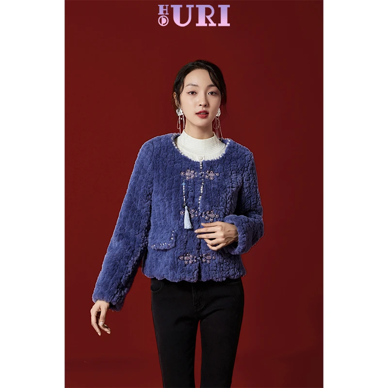 HOURI海蕾琳优雅国风仿皮草外套年冬季新款女圆领小个子上衣