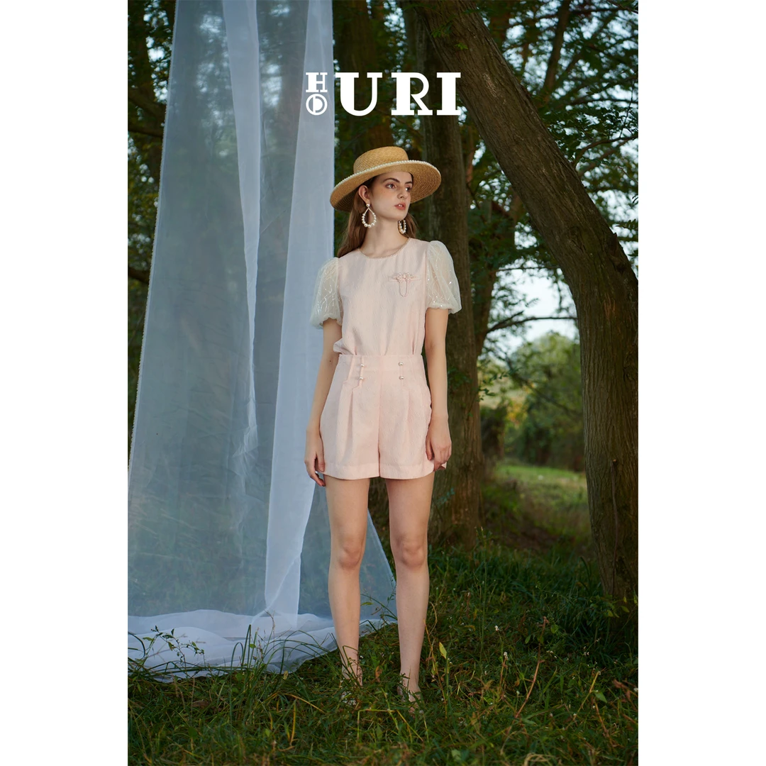 HOURI/海蕾琳短裤女夏季新款a字阔腿裤双排钉珠显瘦压皱修身