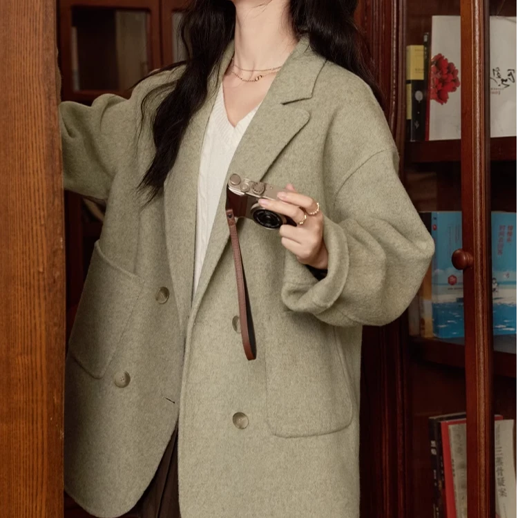 复古绿色双面毛呢西装冬季外套大衣女短款L50951