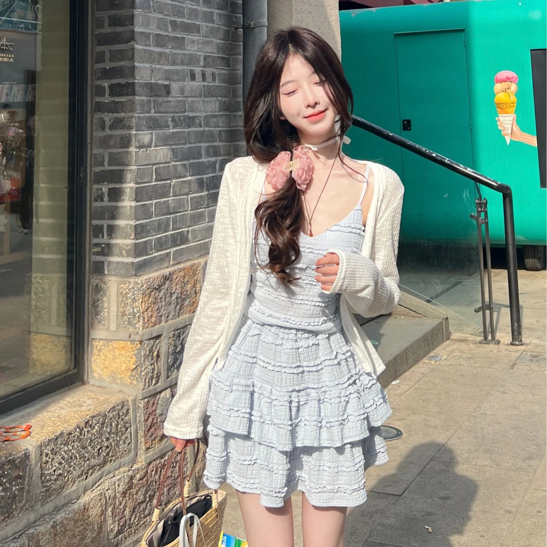 【花梦ILUZN】蕾蕾千层春夏纯欲时尚套装蕾丝显瘦高腰短款法式夏季！