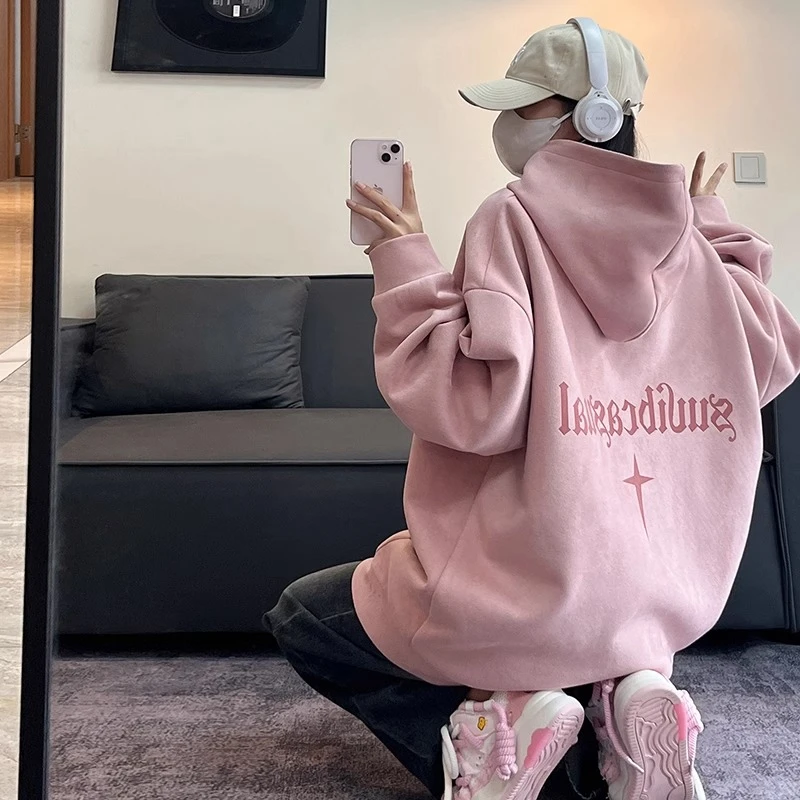 加肥加大码300斤美式重磅粉色卫衣男连帽秋冬加绒加厚鹿皮绒外套