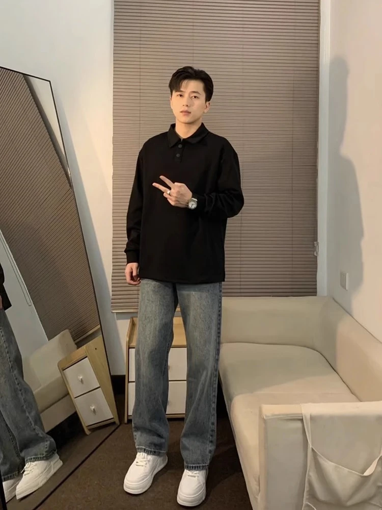 加肥加大码300斤花灰色翻领长袖POLO衫男春秋季重磅宽松百搭上衣