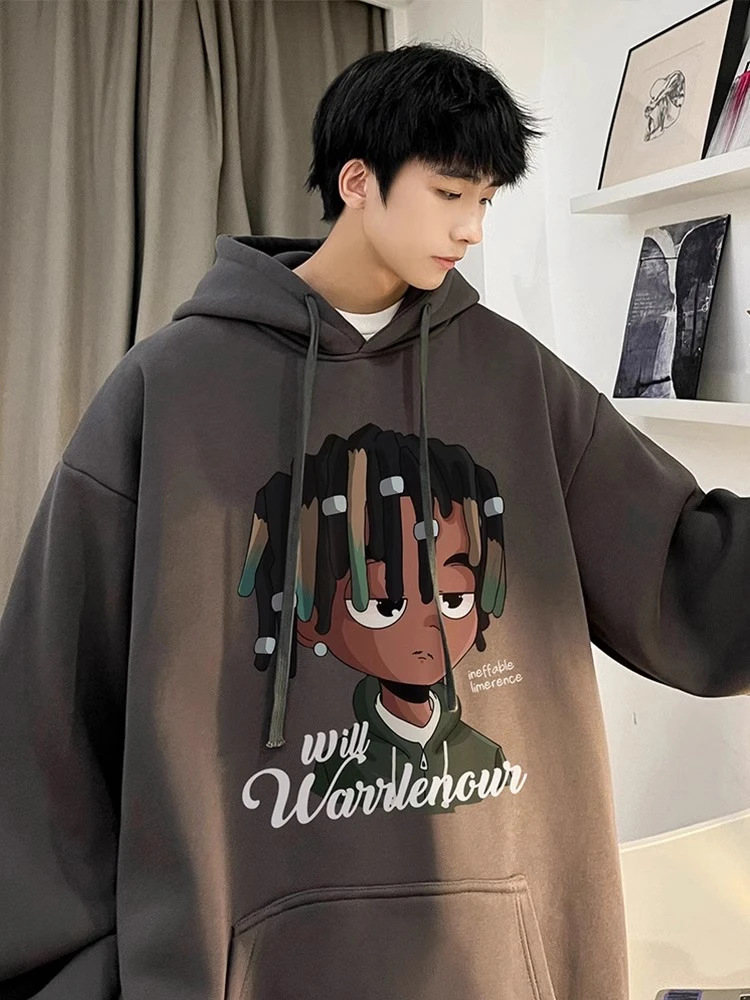 300斤大码卫衣男秋冬潮牌美式卡通印花连帽衫青少年重磅加绒外套