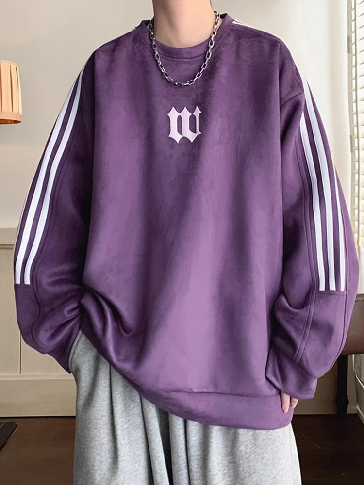 加肥加大码300斤美式复古仿麂皮绒圆领卫衣男秋季三条杠重磅上衣