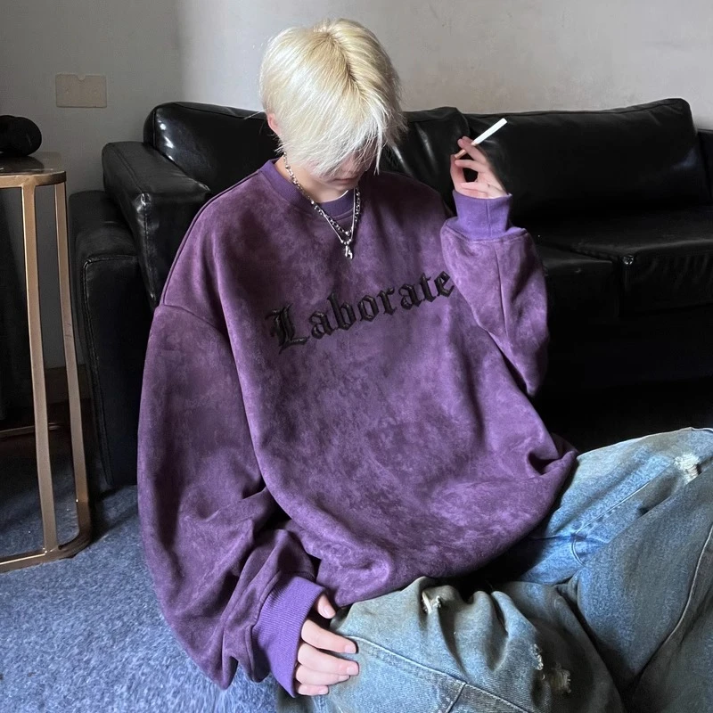 加肥加大码300斤美式复古仿麂皮重磅卫衣男秋季新款宽松圆领外套