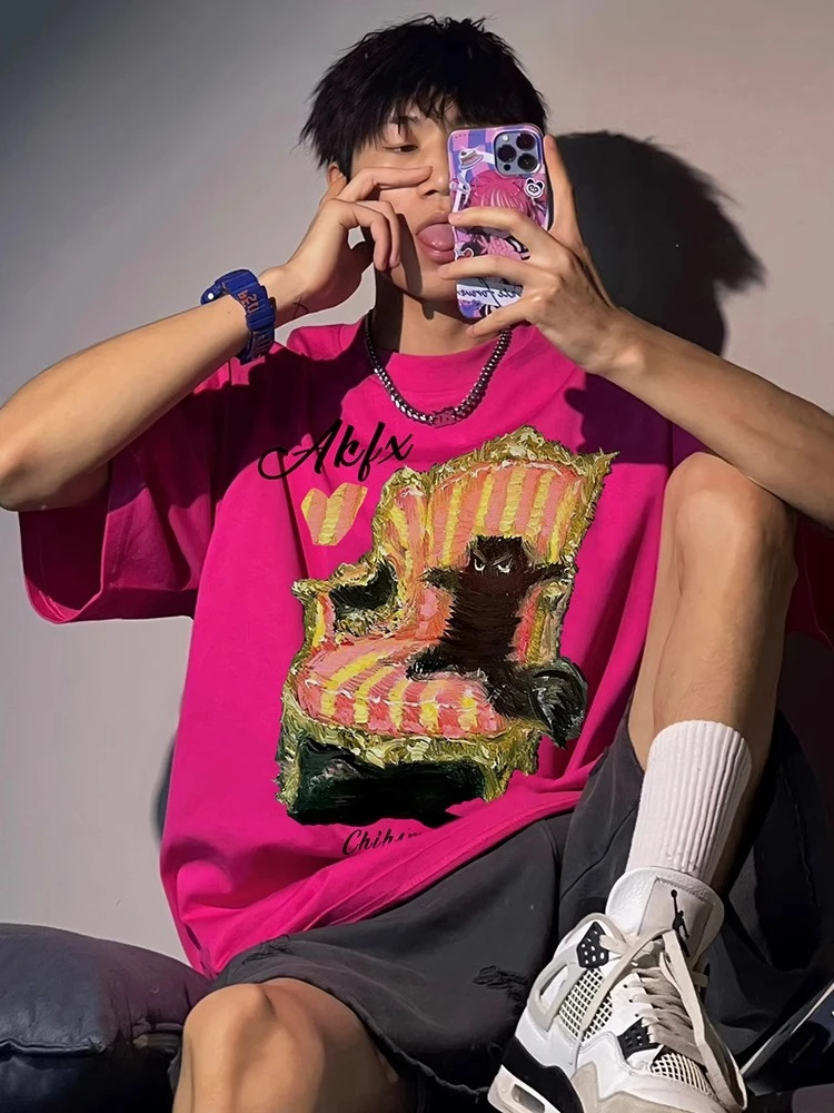 加肥加大码300斤玫红色圆领短袖t恤男士夏季潮牌美式高街纯棉上衣