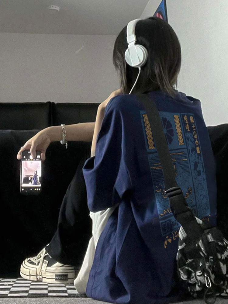 加肥加大码300斤美式复古藏蓝色短袖t恤男夏季多巴胺宽松纯棉上衣