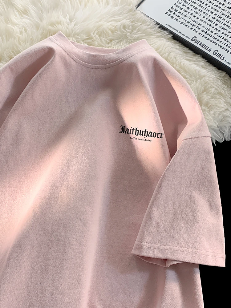 加肥加大码300斤美式简约纯棉粉色短袖t恤男夏季ins潮牌宽松上衣