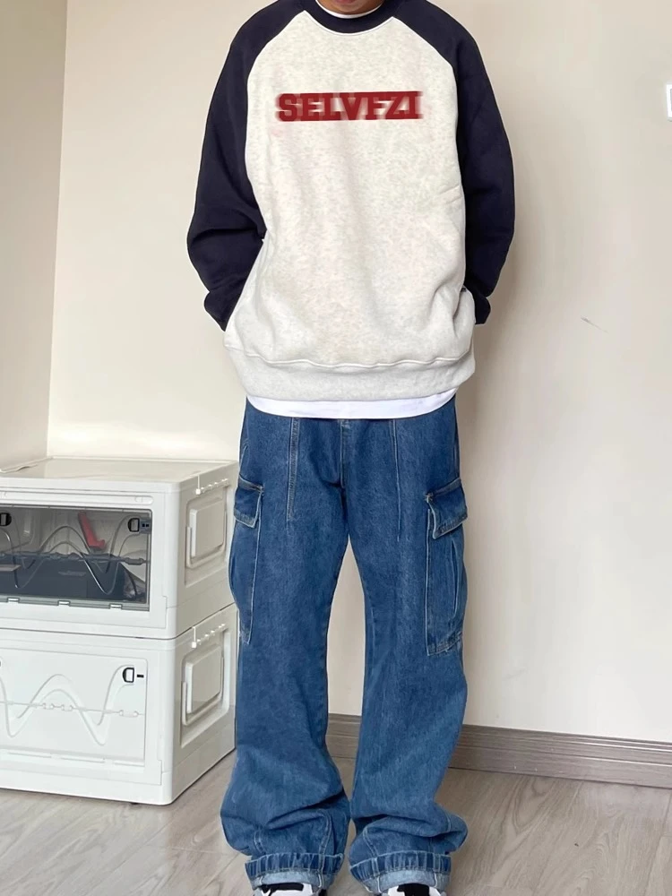 2-300斤大码美式复古拼接撞色插肩袖圆领卫衣男秋冬加绒加厚上衣