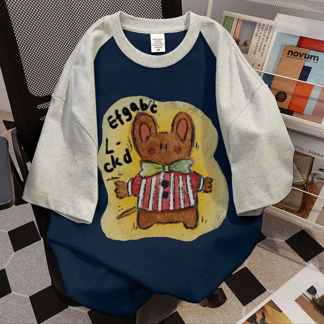 加肥加大码300斤美式复古拼接短袖t恤男夏季潮牌纯棉拼色半袖上衣