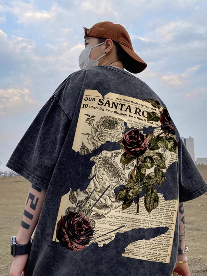 加肥加大码300斤美式复古短袖男t恤夏季ins潮牌重磅水洗做旧上衣