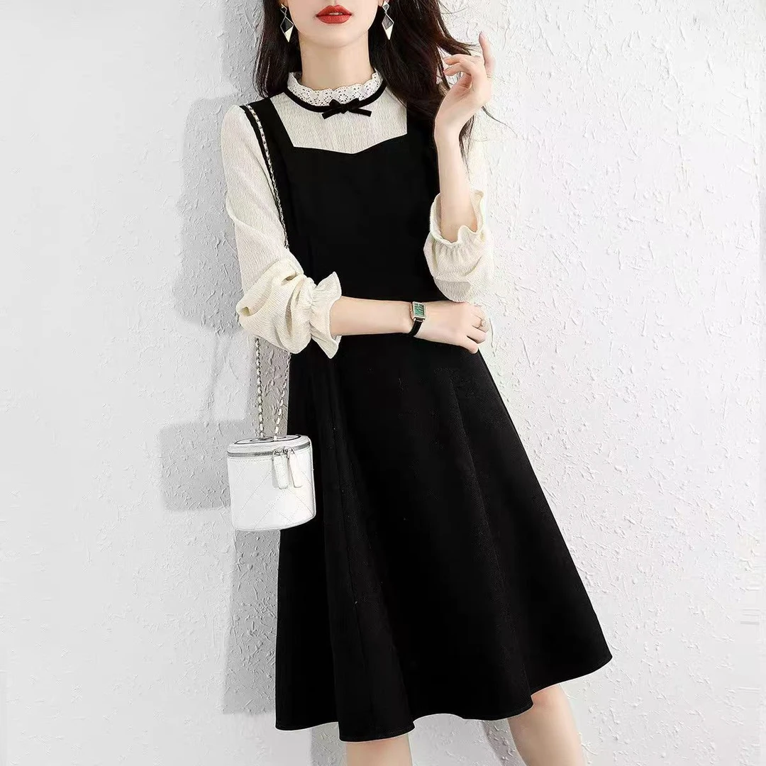 （现货）时尚假两件连衣裙新款长袖收腰显瘦气质减龄A字裙1582